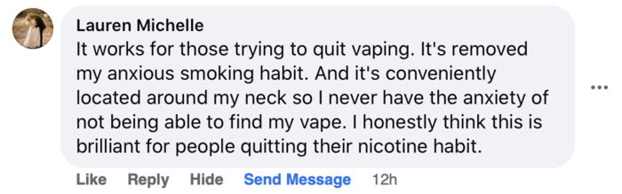 Comment: I never have the anxiety of not being able to find my vape.