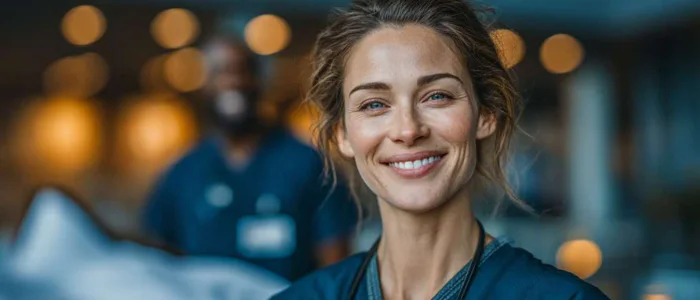 Nurse standing proudly in hospital corridor symbolizing career stability and growth.