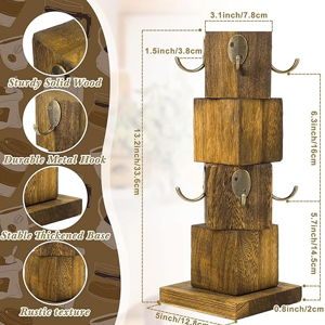 Wood Coffee Mug Holder Rustic Wooden Coffee Cup Holder for Counter Farmhouse Mug Tree Stand with 8 Cup Hangers, Vintage Mug Rack for Coffee Bar Kitchen (Wood Color)