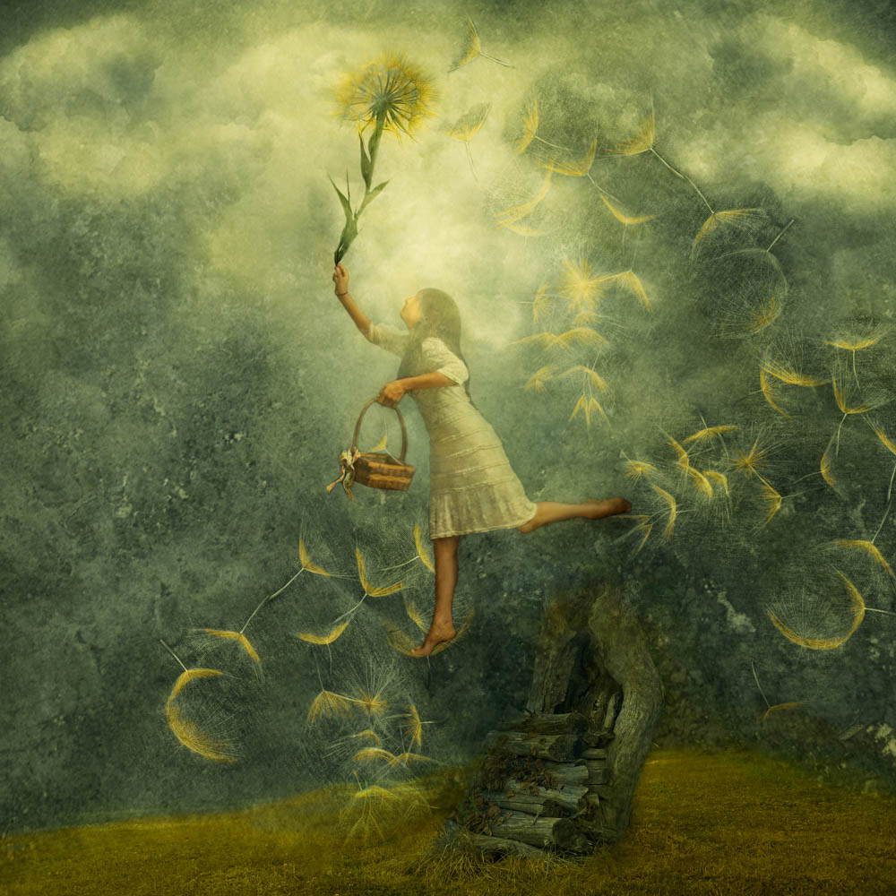 A girl holding a giant dandelion. It's seeds fill the sky around her.