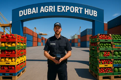 Customs officer with scanner stands before the Dubai Agri Export Hub archway, surrounded by colorful crates of fresh produce and shipping containers at a busy port.