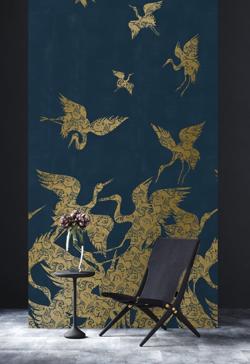 blue & gold metallic heron wallpaper hero image