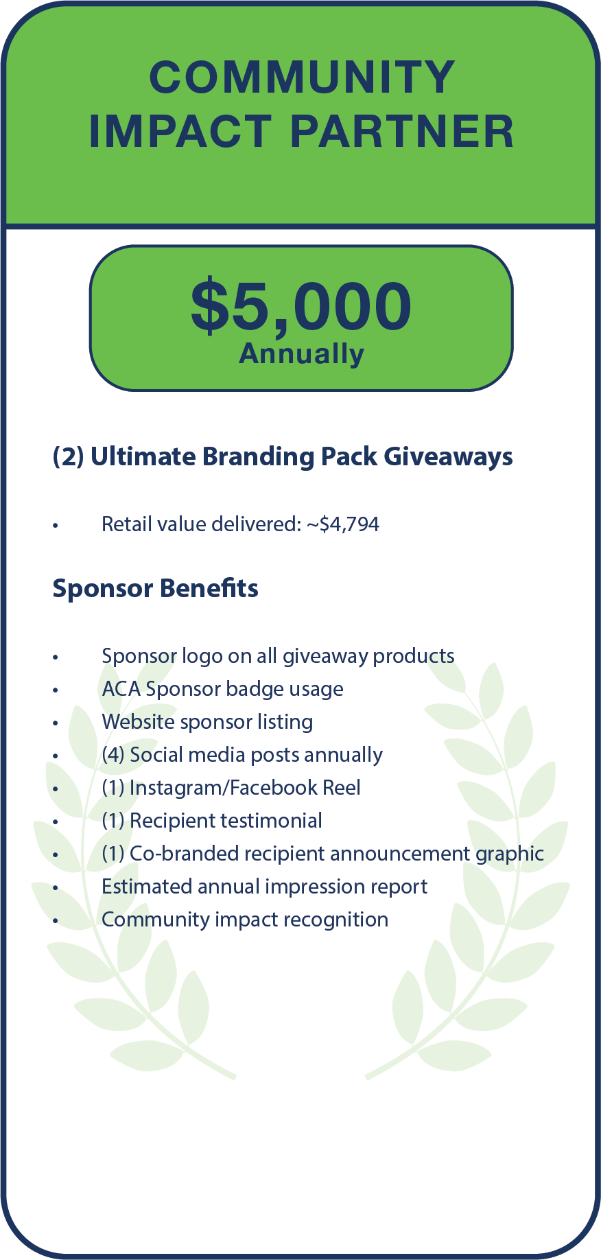(2) Ultimate Branding Pack Giveaways   Retail value delivered: ~$4,794   Sponsor Benefits  Sponsor logo on all giveaway products  ACA Sponsor badge usage  Website sponsor listing  (4) Social media posts annually  (1) Instagram/Facebook Reel  (1) Recipient testimonial  (1) Co-branded recipient announcement graphic  Estimated annual impression report  Community impact recognition 