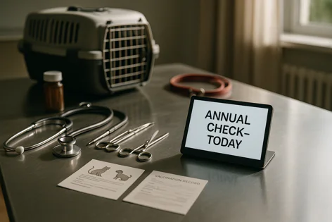Veterinary tools including a stethoscope and scissors are arranged on a metal table beside forms, a pet carrier, and a tablet showing "ANNUAL CHECK- TODAY", suggesting a vet visit setup.