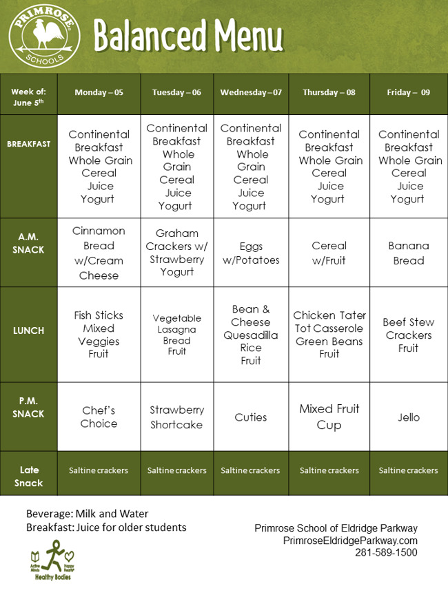 Weekly menu snack and lunch descriptions