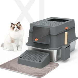 Stainless Steel Cat Litter Box,XL Enclosed Cat Litter Box with Poop Scooper/Footboard/Mat (Dark Gray)