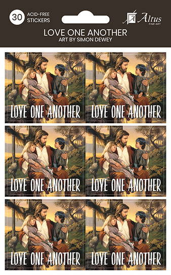 Set of primary teaching stickers featuring a painting of Jesus interacting with two children. Text on each sticker reads: "Love One Another". 