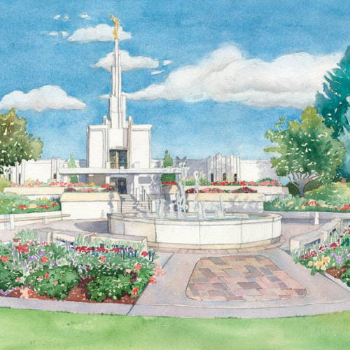 Painting of the Denver Temple, flower beds, and  fountain.