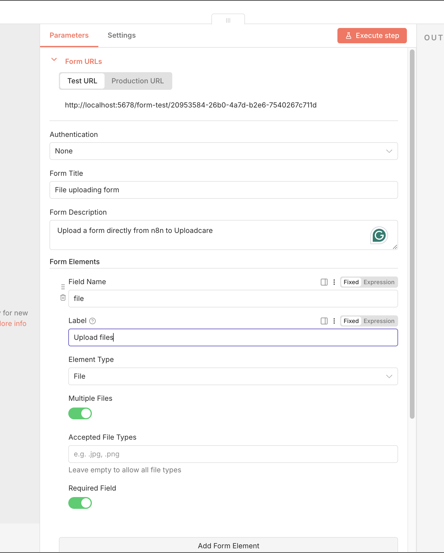 n8n Form Trigger node with file upload field configured
