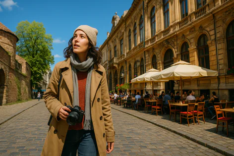 A woman with a camera walks on a cobblestone street in a European city, looking up at historic architecture beside an outdoor cafe.