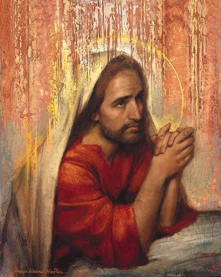 Textured painting of Jesus kneeling in Gethsemane.