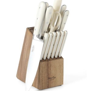 MARTHA STEWART Eastwalk 14 Piece High Carbon Stainless Steel Cutlery Kitchen Knife Block Set w/ABS Triple Riveted Forged Handle Acacia Wood Block - Linen White