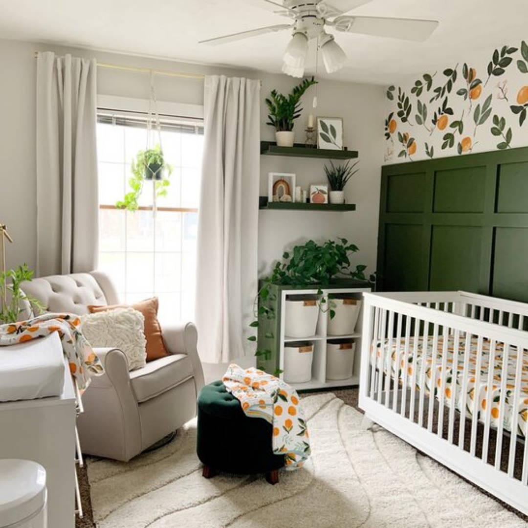 summer clementine theme neutral nursery with crib, storage, rocking chair and changing table