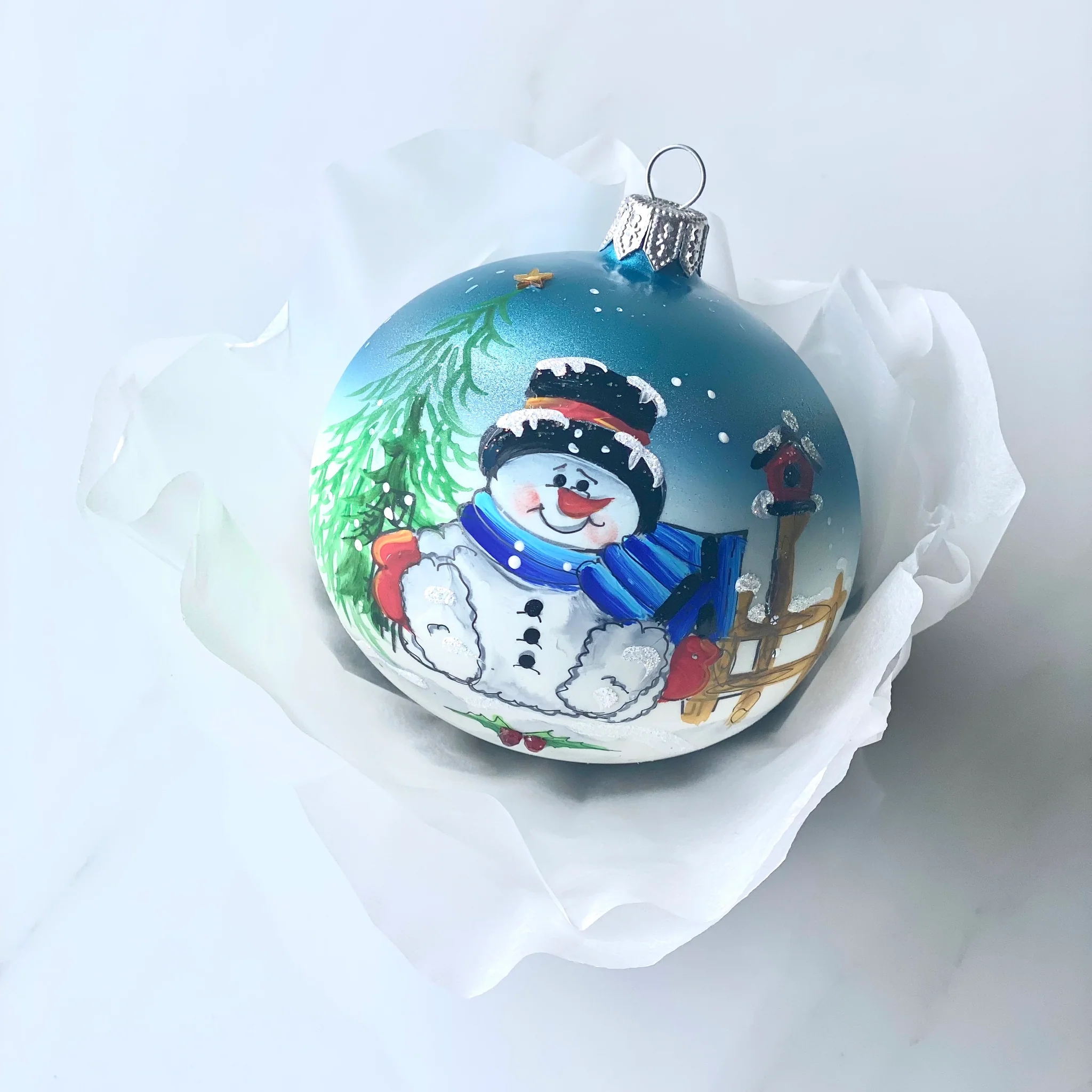 80mm Snowman at the letterbox hand painted bauble