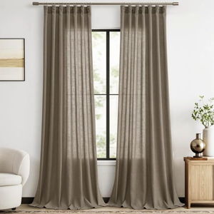 Joywell Taupe Hook Belt Linen Semi Sheer Curtains 96 Inches Length Long Rod Pocket Back Tab Hook Belt Clip Rings Window Curtains Drapes for Bedroom Living Room 2 Panels 52x96