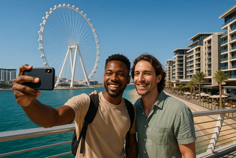 Two diverse friends smile while taking a selfie photo with a smartphone, featuring the giant Ain Dubai Ferris wheel and modern waterfront buildings in the background on a sunny day.