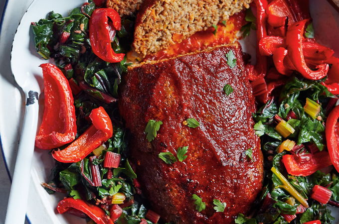 Vegetable and Pork Meatloaf with Red Pepper Barbecue Sauce