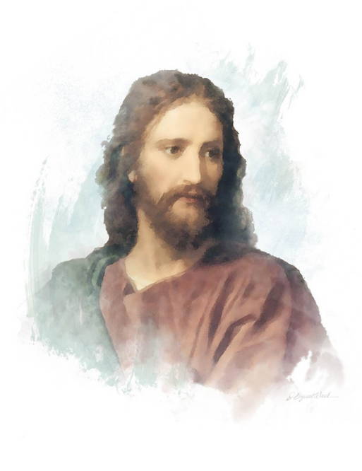 Watercolor portrait of Jesus in a red robe.