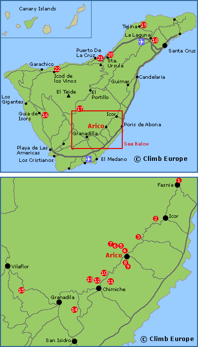 Map of the rock climbing areas in Tenerife
