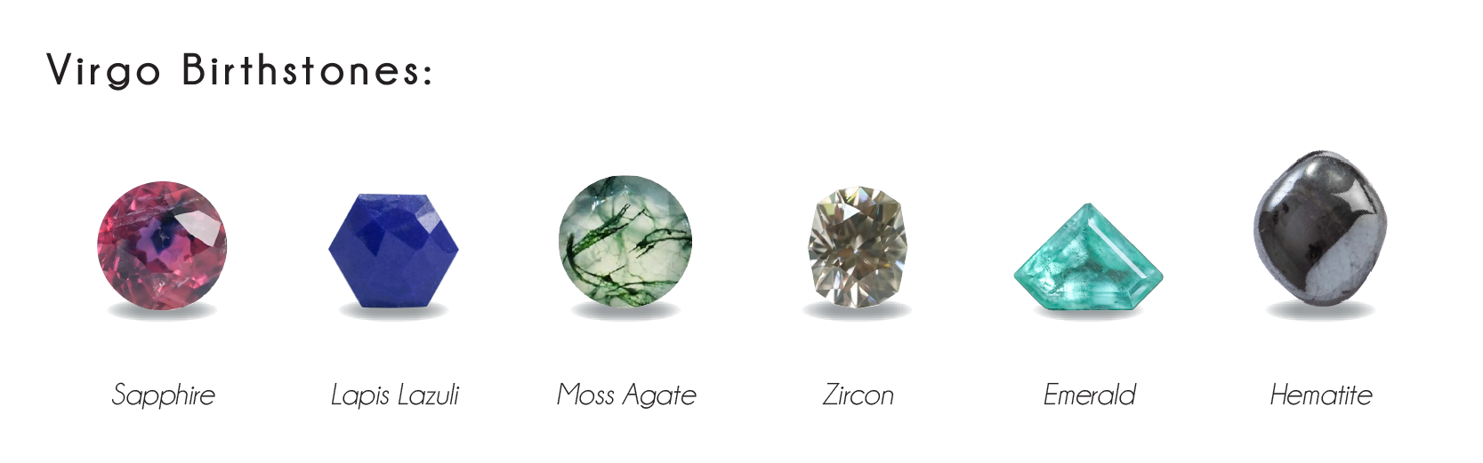 Virgo birthstones: sapphire, lapis lazuli, moss agate, zircon, emerald, hematite