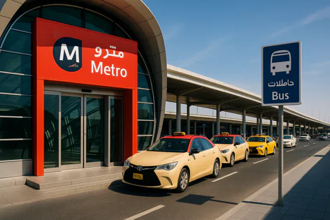 Line of light-colored taxis parked outside a modern metro station entrance featuring a prominent red "Metro" sign and a blue "Bus" sign.
