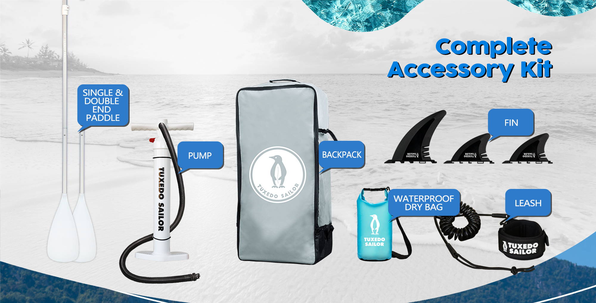 Accessories included with the rocket paddle board
