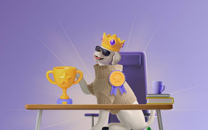 A dog wearing a sweater and a crown at a desk sitting in an office chair at a desk with a trophy for Confetti's Virtual Work Trivia Games