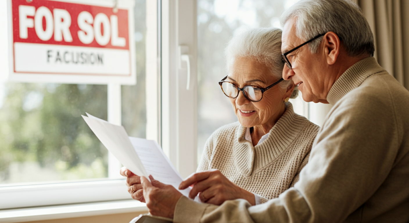 An elderly couple reviewing medical documents with a For Sale sign visible through their window, illustrating how health-related circumstances that necessitate moving to a care facility can qualify for partial exclusion even if they've lived in their home less than two years.