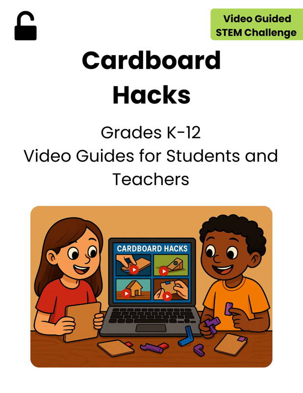 Illustration of two students using cardboard pieces and 3DuxDesign connectors while watching a Cardboard Hacks video tutorial on a laptop, representing K–12 video guides that teach building techniques for hands-on STEM projects.