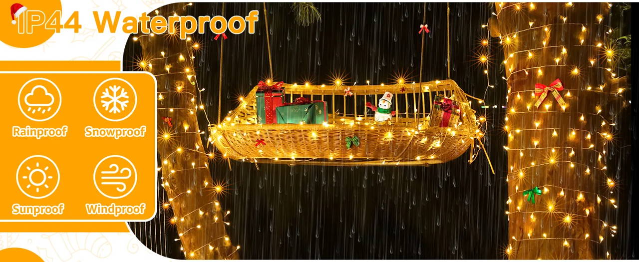 Features of Ollny's 800 leds clear cable cool white string lights - desktop size