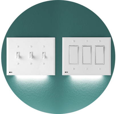 Set of triple gang SwitchLight night lights on a teal wall