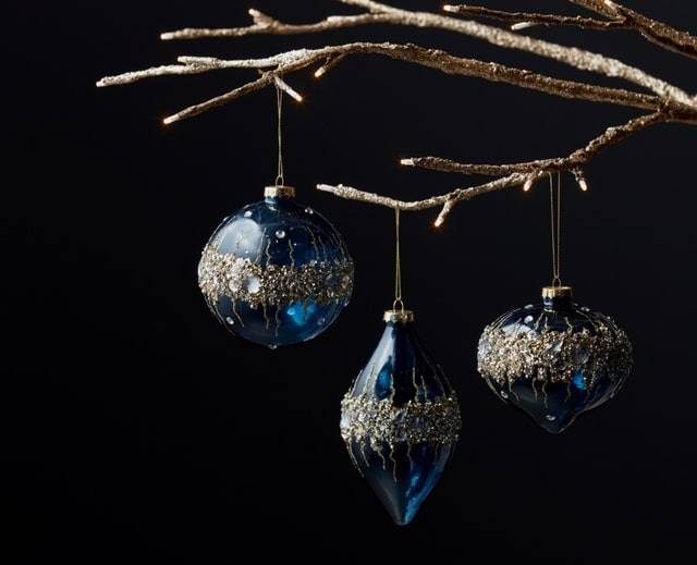 melrose Christmas ornament blue glass with champagne glitter