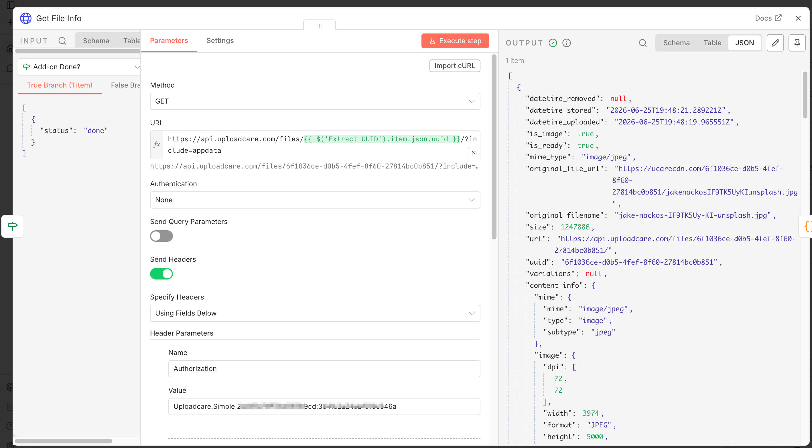 n8n HTTP Request node fetching the Uploadcare file info with appdata