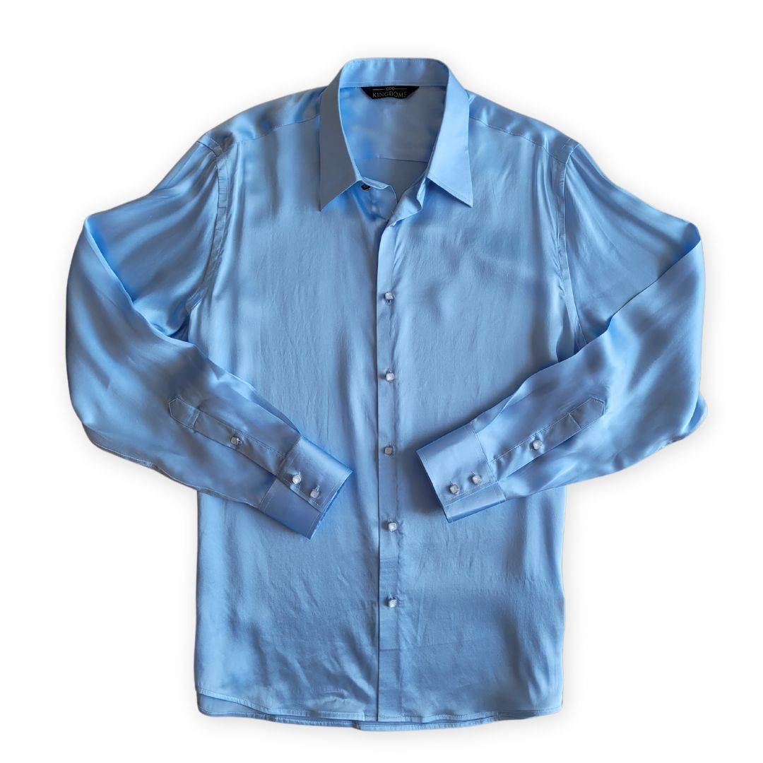 product photo of a baby blue long sleeve mens silk dress shirt from 1000 kingdoms
