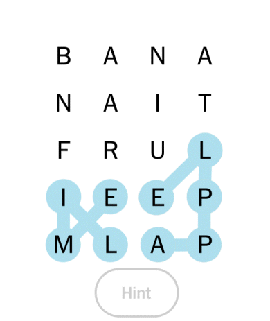 Gif illustrating earning and using a hint on a 4-by-4 board. APPLE is already highlighted in blue on the board. The player creates BAIT, which is not a theme word. The grey bubbles from BAIT float down to the hint button, and the hint button becomes active. The player taps the hint button, and each letter of BANANA gains a dashed blue border. The player connects those letters in order to complete the word BANANA.
