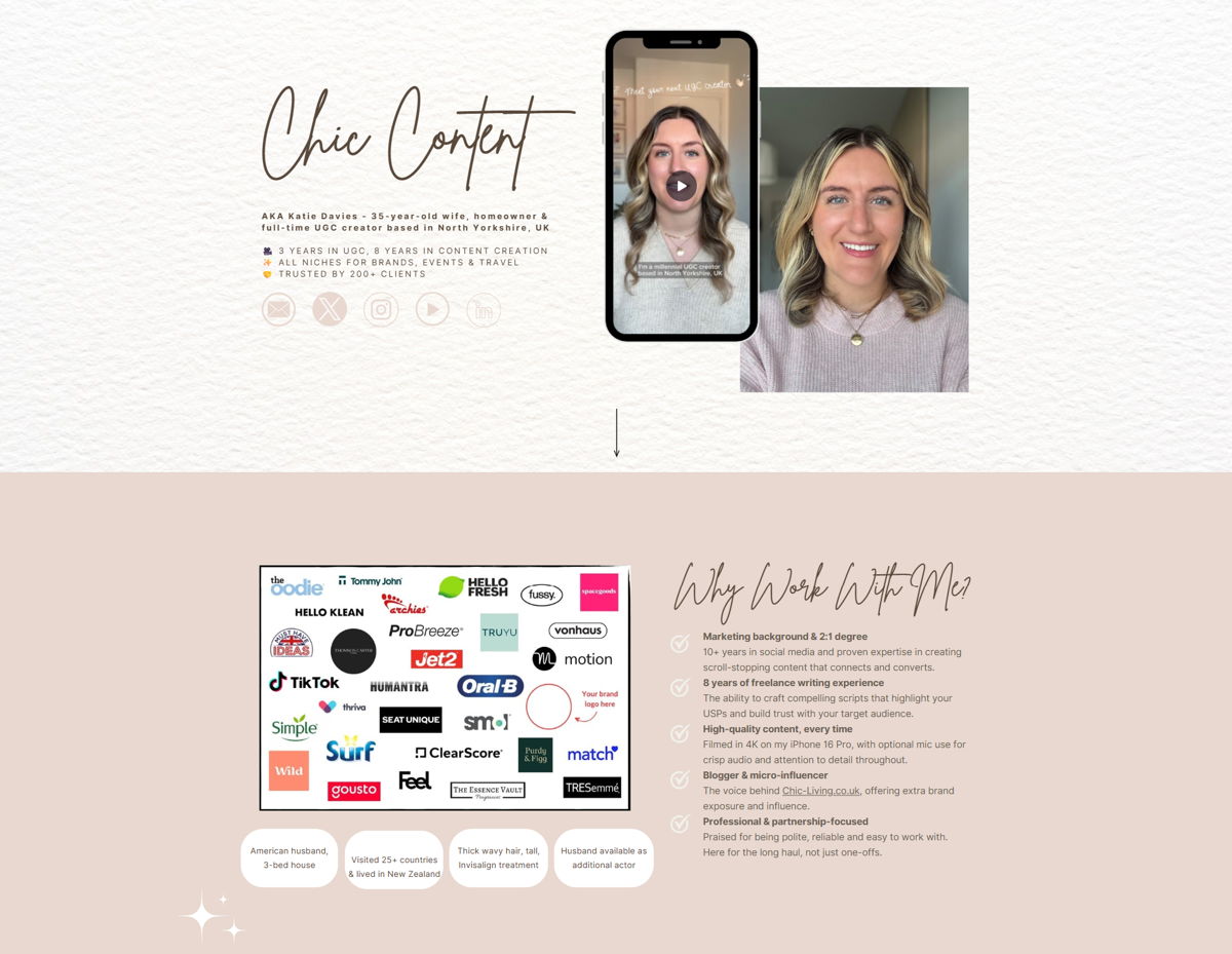 Screenshot of Katie UGC Portfolio, from the ugc portfolio examples collection.