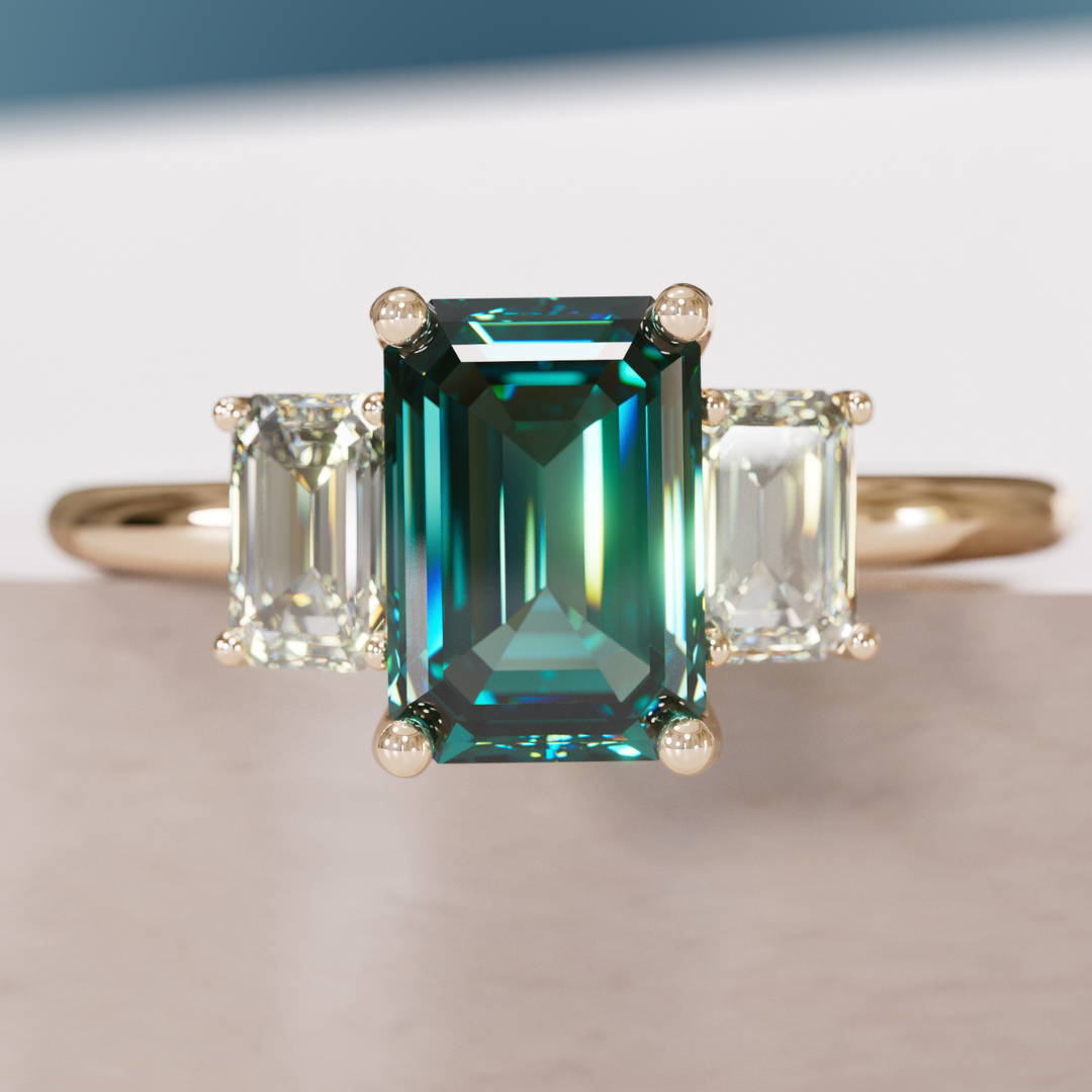 emerald Cut Teal Sapphire and Diamond Engagement Ring 