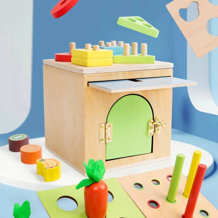 Colorful Montessori-inspired wooden box with six different sorting games.