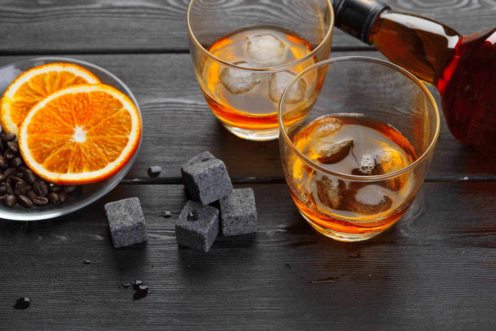 Whisky glasses with orange slices