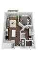 The picture illistrates the one bedroom layout which is larger than the other two options. When you enter the front door, there is a coat closet immediately to the left and the washer and dryer immediately to the right. You then enter into the large kitchen with an island. If you contiue past the kitchen you will be in the living room. To the right of the living room is the bedroom. There is a full bathroom with two doors, one to the bedroom and one to the main space. The bathroom has a double vanity. As you go through the bathroom you will enter the large walk in closet.