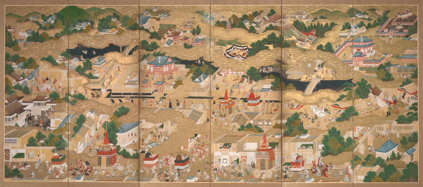 Scenes in and Around Kyoto (Rakuchu Rakugai-zu). Japan, mid-17th century. Ink, pigments, and gold leaf on paper. h. 66 in. (167.6 cm); w. 144 in. (365.8 cm). Purchased with funds provided by the Lillie and Roy Cullen Endowment, 2001.51.a-b.