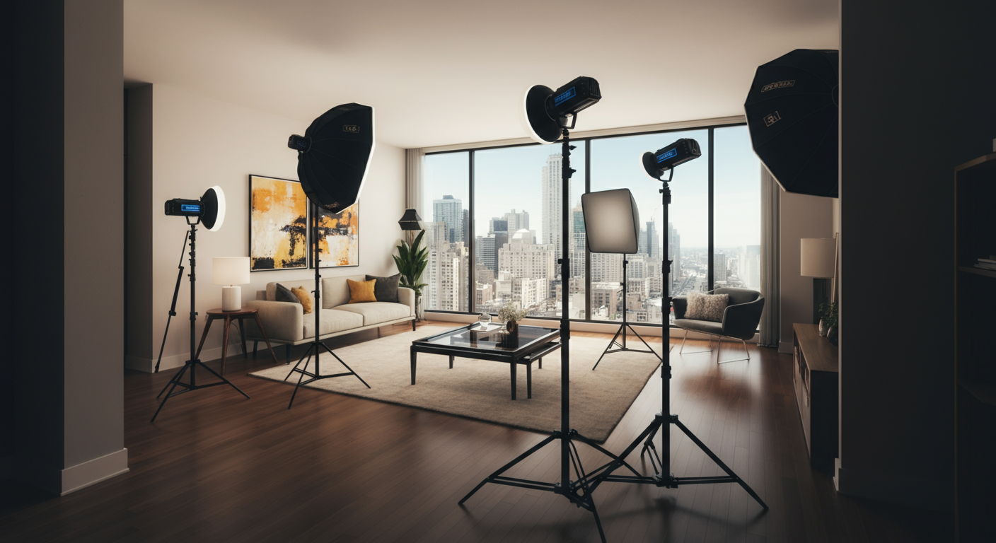 A virtual open house in progress in a Streeterville condominium, with professional lighting equipment and a high-end camera setup capturing the home's features for online listings, illustrating modern marketing techniques that expand buyer reach.