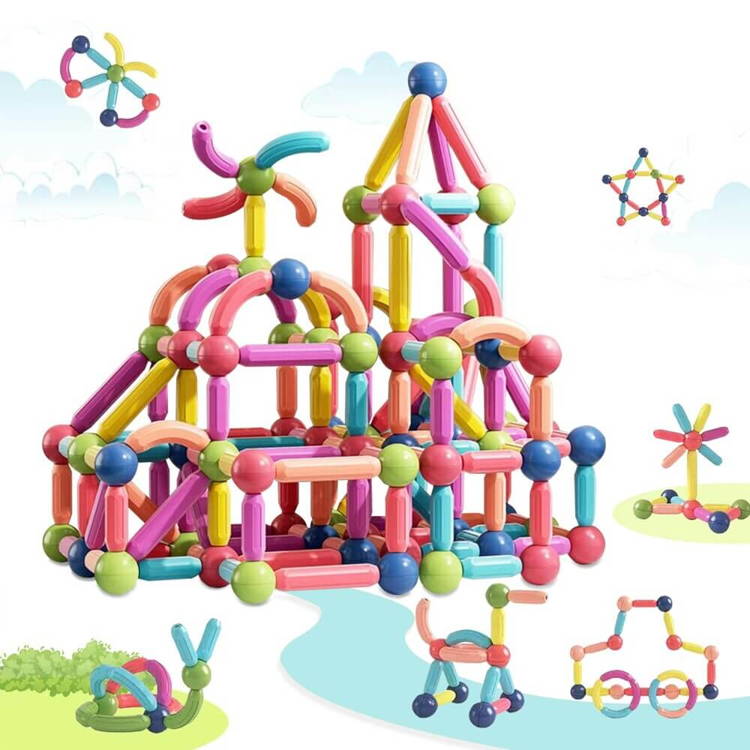 A colorful castle and other different objects built using only pieces from the Montessori Magnetic Set.