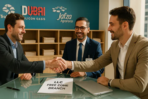Three businessmen shaking hands at a table after reaching an agreement. A document titled "LLC FREE ZONE BRANCH" is on the table. Logos in the background relate to Dubai free zones.