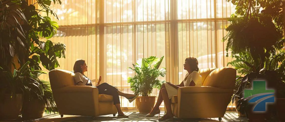 Holistic health consultation in a serene, plant-filled clinic.