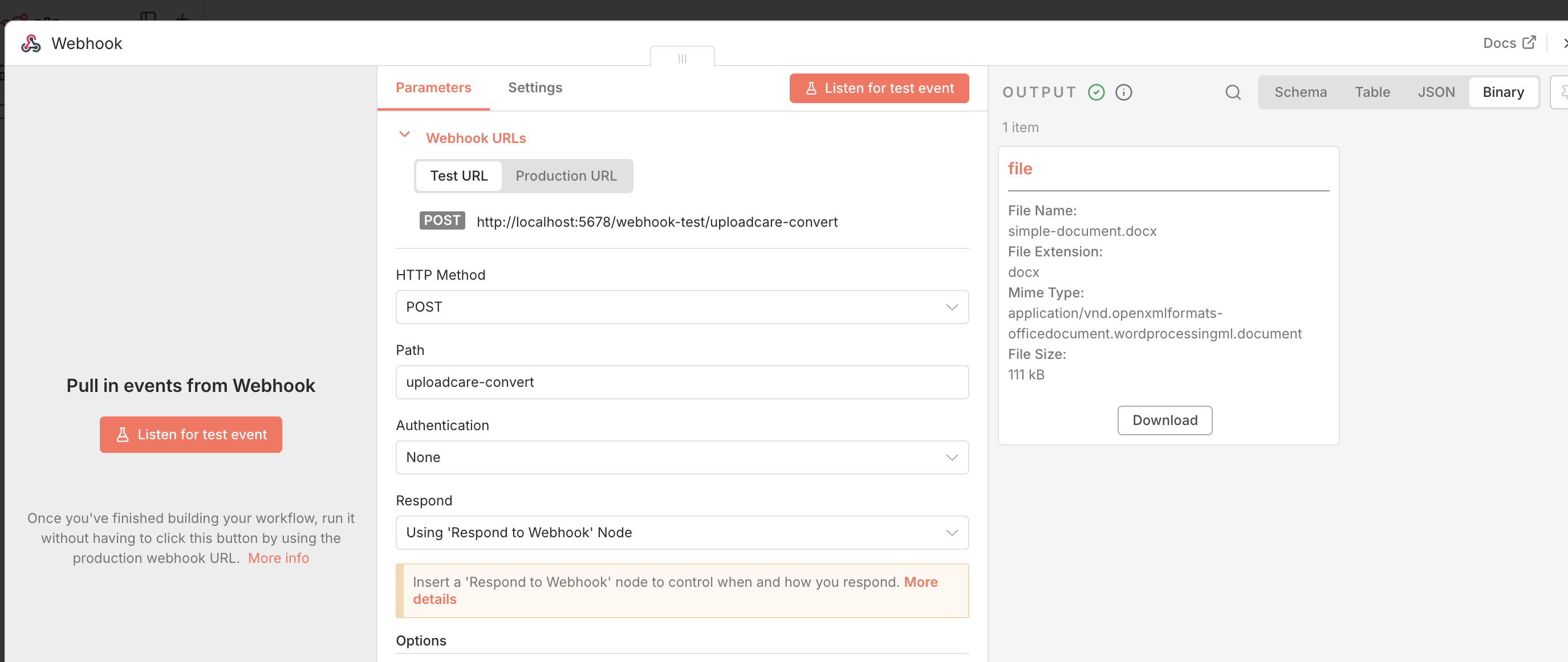 n8n Webhook node set to POST with a binary file field