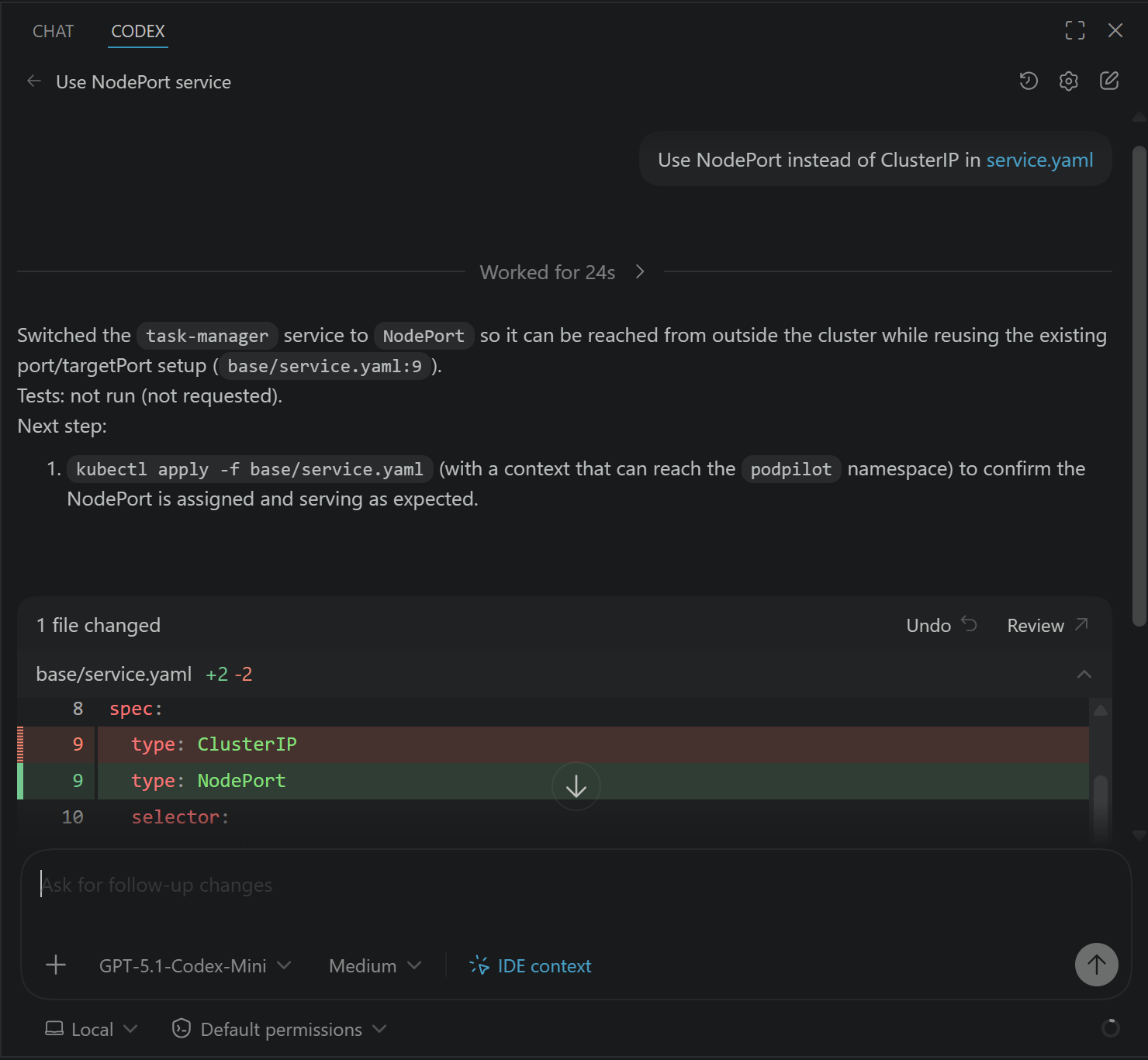 Codex CLI VS Code extension editing files.
