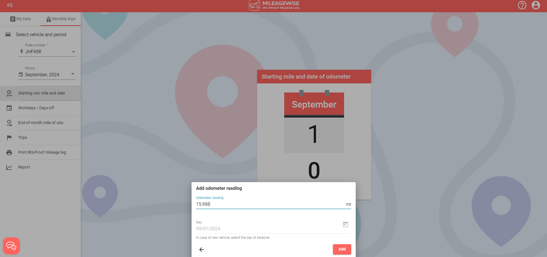 add start of month odometer reading
