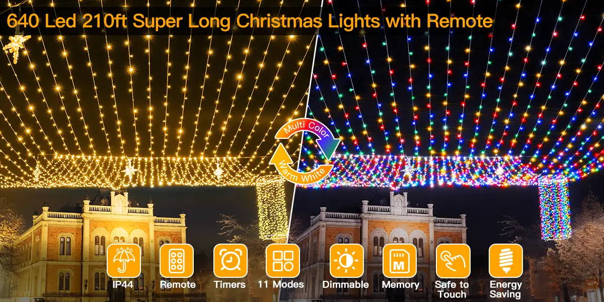 Features of Ollny's 640 leds clear cable warm white/multi-color string lights