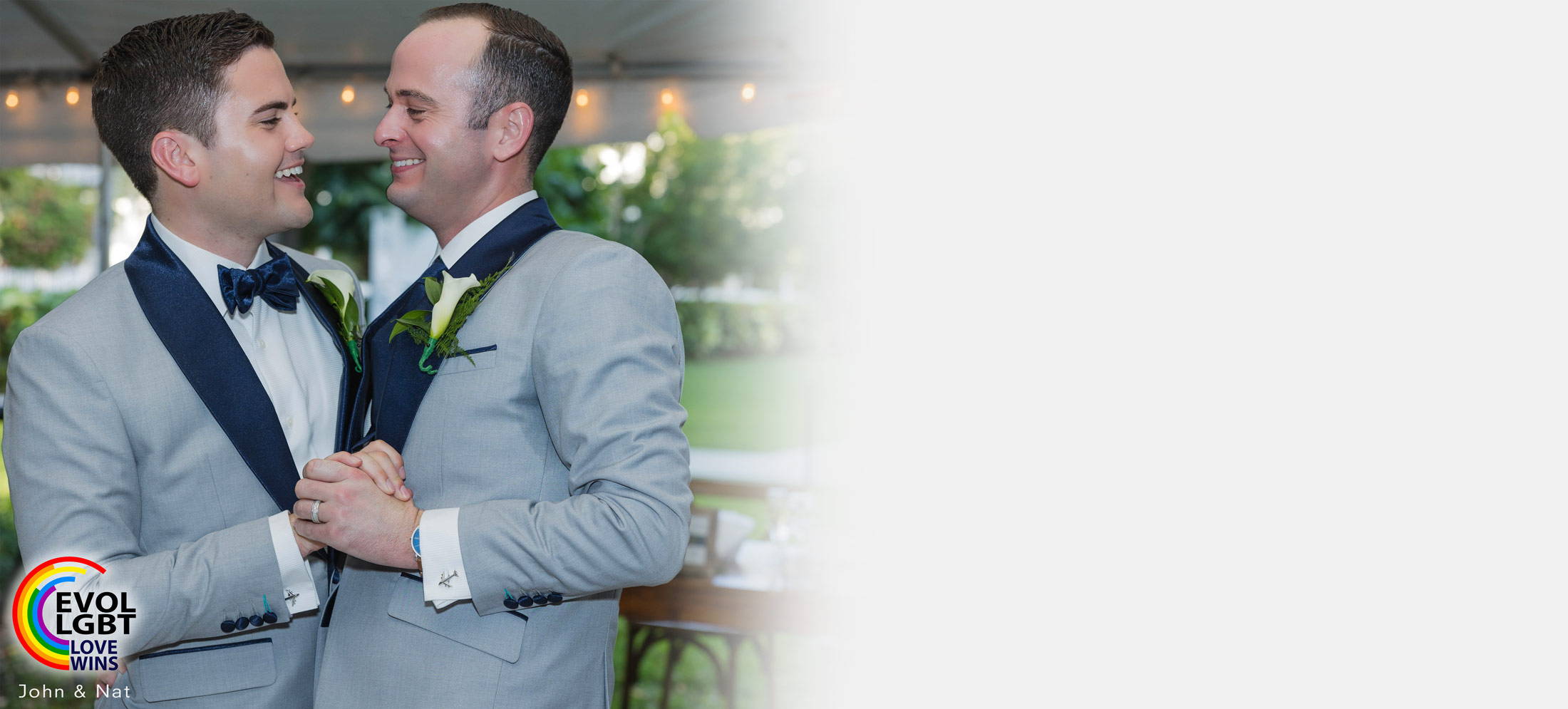 Two Men In Wedding Tuxedos With Navy Blue Lapels